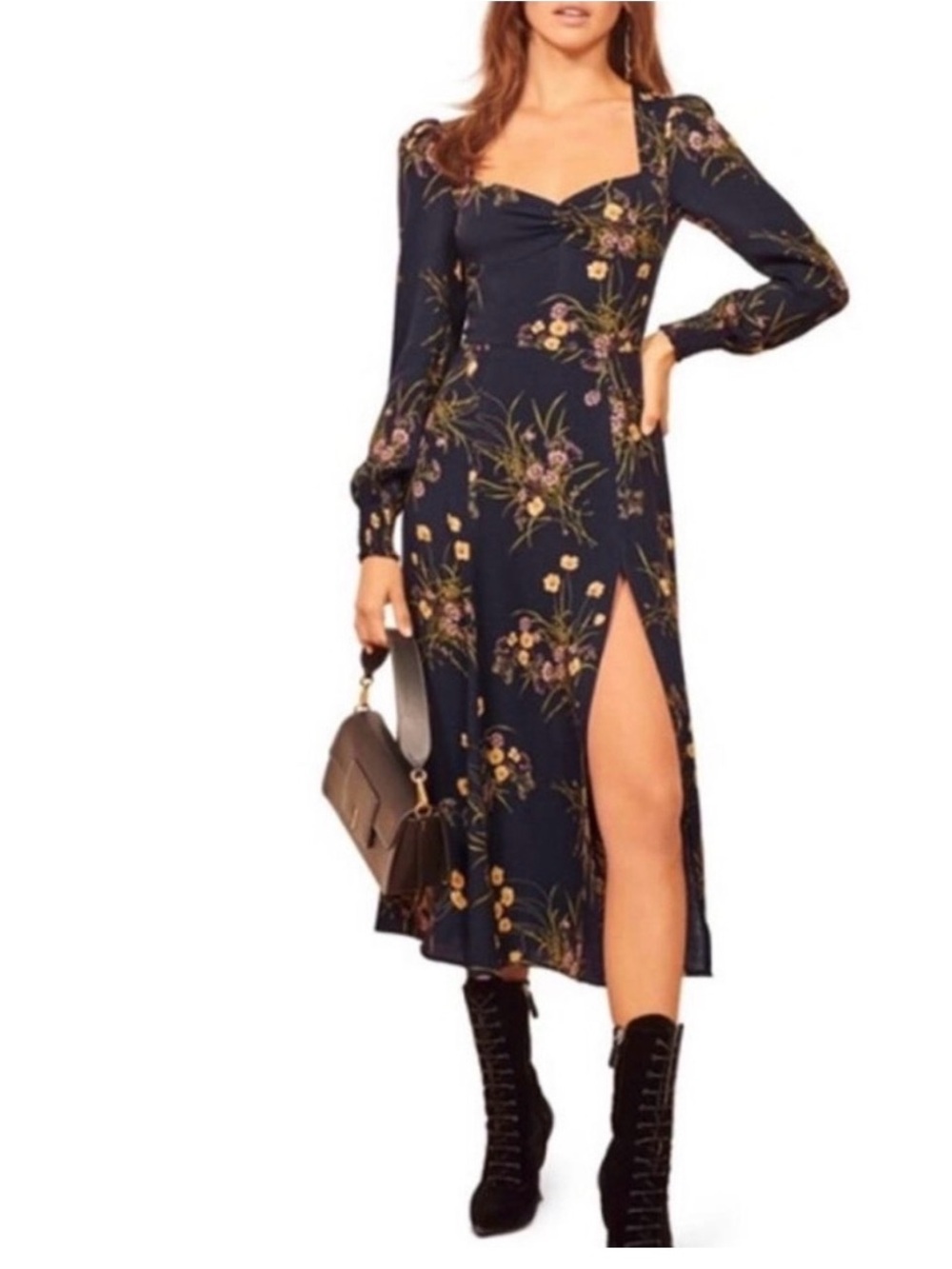 Reformation Navy Floral Square-Neck Midi Dress